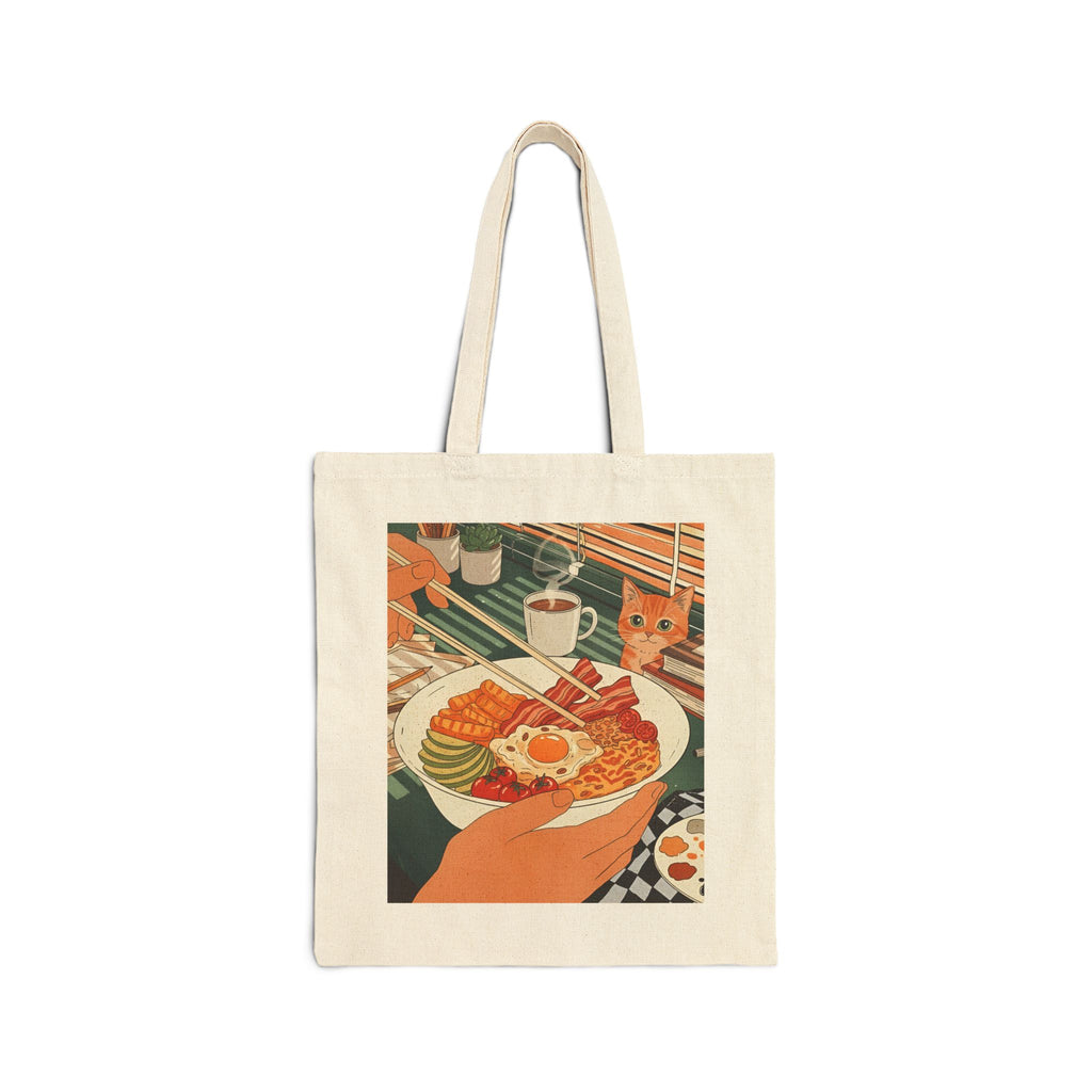 Tote bag with a design of a hand holding a plate of food, a cup, and a cat in the background.