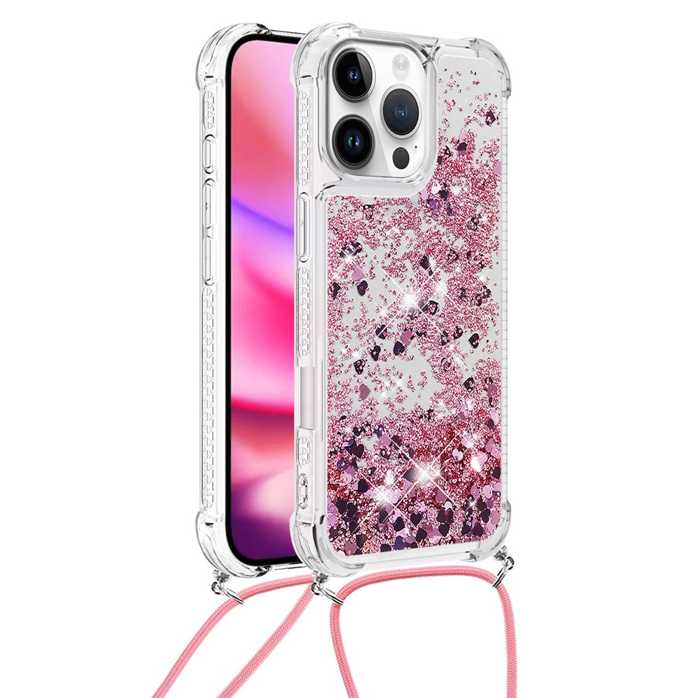 For iPhone 16 Pro TPU Case Quicksand Design Phone Cover with Lanyard
