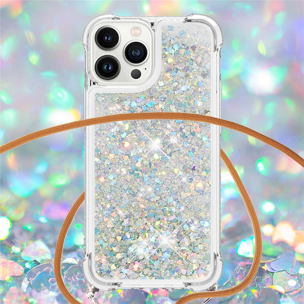 For iPhone 15 Pro TPU Case Quicksand Design Phone Cover with Lanyard